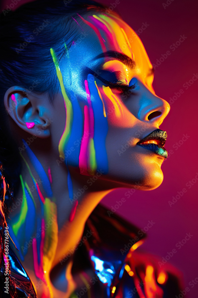 closeup beauty shot of young fashionable model woman, creative colofrul makeup, multicolored paint and diy