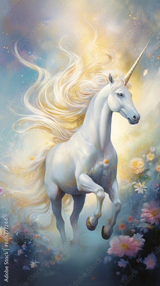 Fototapeta premium A mystical and whimsical image depicting a white unicorn majestically galloping across a pastel colored meadow under a vibrant blue sky created with Generative Ai