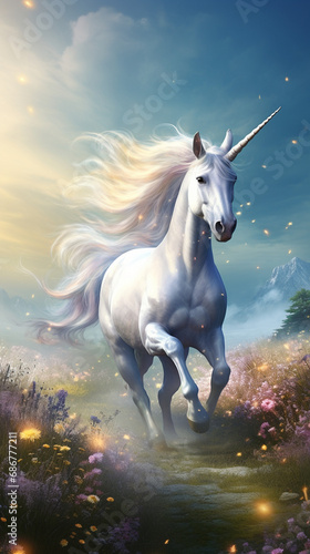 A mystical and whimsical image depicting a white unicorn majestically galloping across a pastel colored meadow under a vibrant blue sky created with Generative Ai © Andrii Yablonskyi