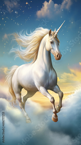 A mystical and whimsical image depicting a white unicorn majestically galloping across a pastel colored meadow under a vibrant blue sky created with Generative Ai © Andrii Yablonskyi