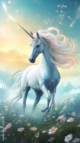 A mystical and whimsical image depicting a white unicorn majestically galloping across a pastel colored meadow under a vibrant blue sky created with Generative Ai © Andrii Yablonskyi