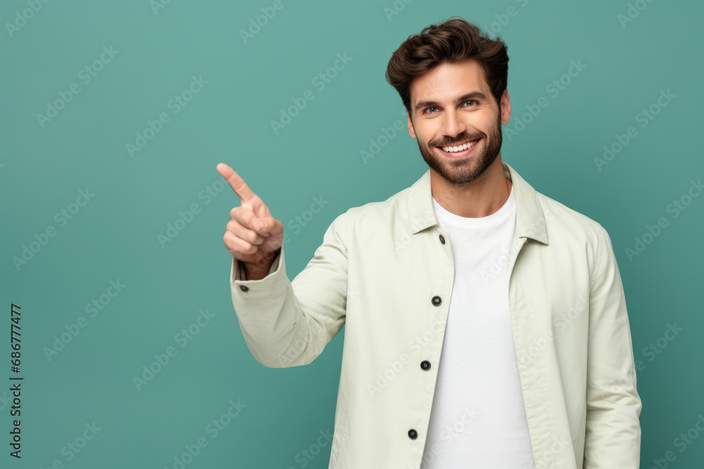 Photo of handsome guy pointing finger empty space promote cool product isolated on green color background Photo of handsome guy pointing finger empty space promote cool product isolated on green color background