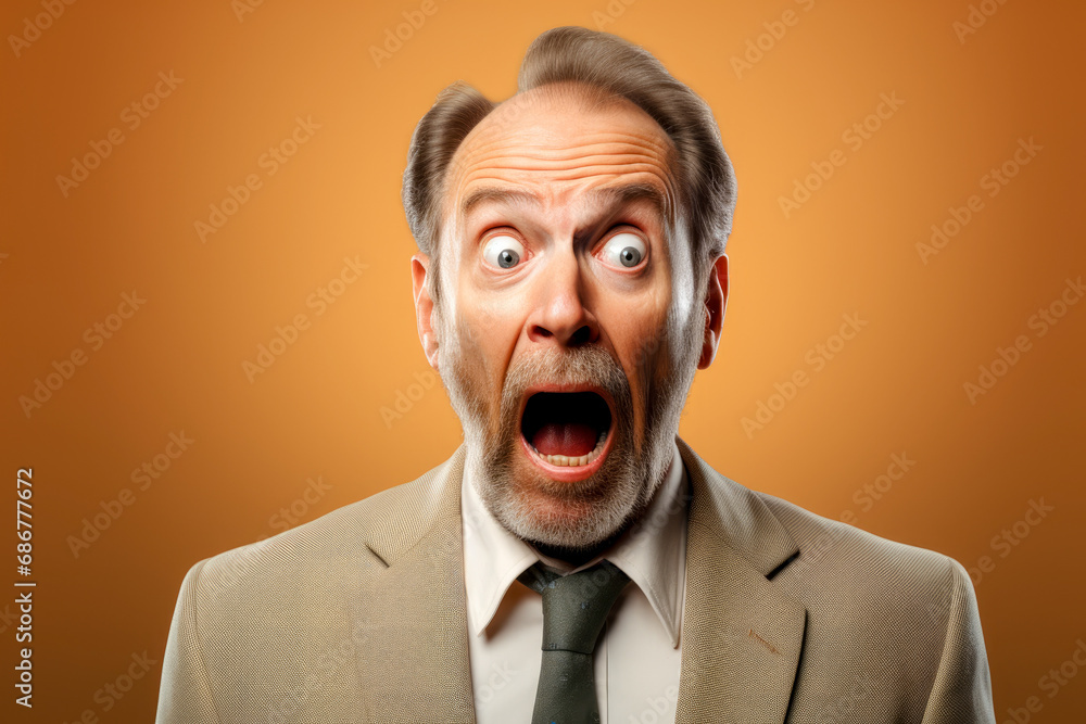 Profile side photo of aged man amazed shocked surprised look forward empty space isolated over orange color background Profile side photo of aged man amazed shocked surprised look forward empty space isolated over orange color background