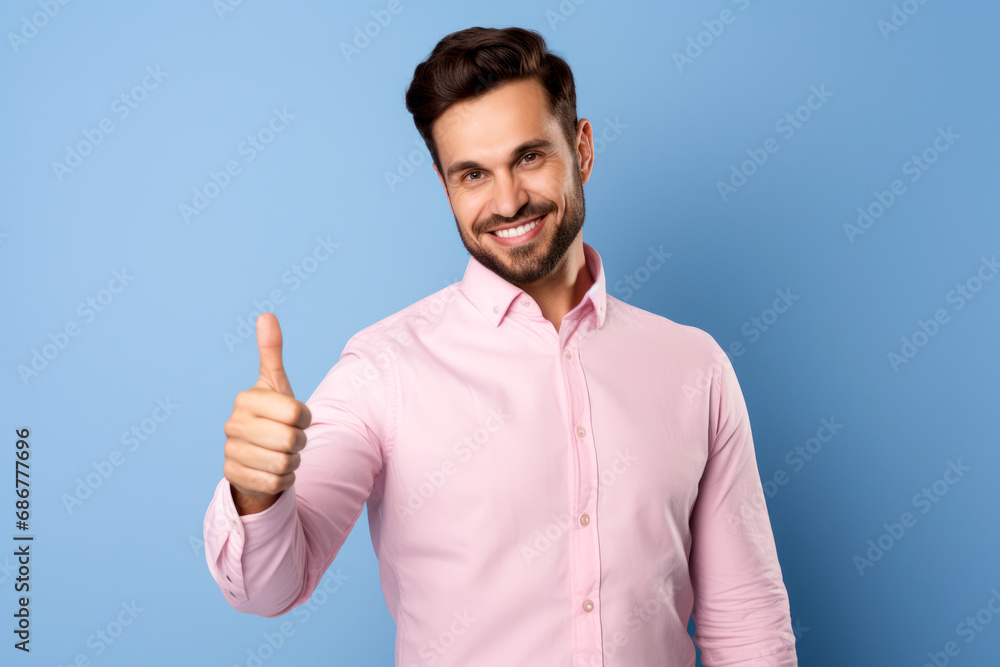 Photo of satisfied joyful man raise arm thumb up recommend business company give positive feedback isolated on cyan color background. Photo of satisfied joyful man raise arm thumb up recommend business company give positive feedback isolated on cyan color background.