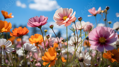 Beautiful Blooms Against a Soft Blue Sky in a Field  Captured in a Gentle Focus