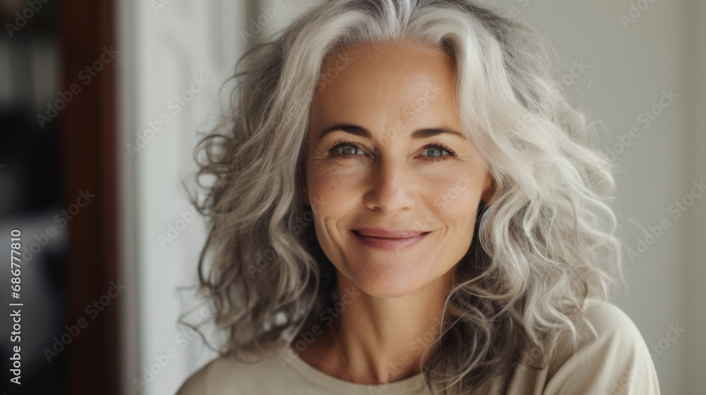 Beautiful aged mature woman with healthy face skin, grey hair and happy smile on light interior background. Skin care, natural beauty, cosmetology concept. Beautiful aged mature woman with healthy face skin, grey hair and happy smile on light interior background. Skin care, natural beauty, cosmetology concept.