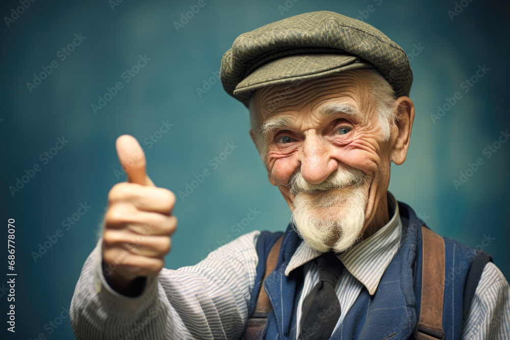 Photo of satisfied joyful old man raise arm thumb up recommend business company give positive feedback isolated on blue color background. Photo of satisfied joyful old man raise arm thumb up recommend business company give positive feedback isolated on blue color background.