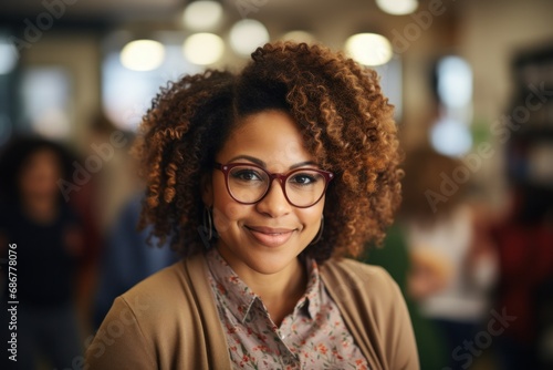 Confident Professional Woman with Glasses in a Busy Office Environment 