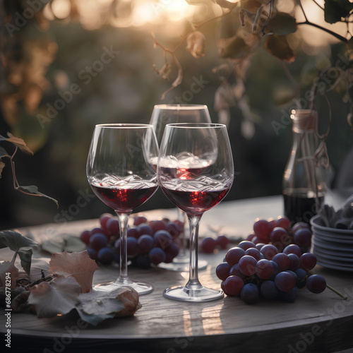 Glasses of red wine and fresh grapes on the table outdoors on natural background