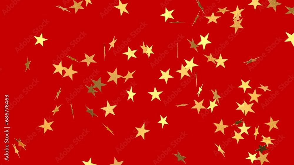 Falling gold stars on a red background. 3D rendering of animation. Video effect for holiday day and weddings. Green screen. Rain from stars. Falling gold stars on a red background. 3D rendering of animation. Video effect for holiday day and weddings. Green screen. Rain from stars.