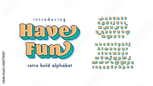 Composite font in a doodle style. Typography alphabet with playful designs. Vector display letters suitable for poster headlines, magazines, food shops, snacks, appealing to children and teenagers.