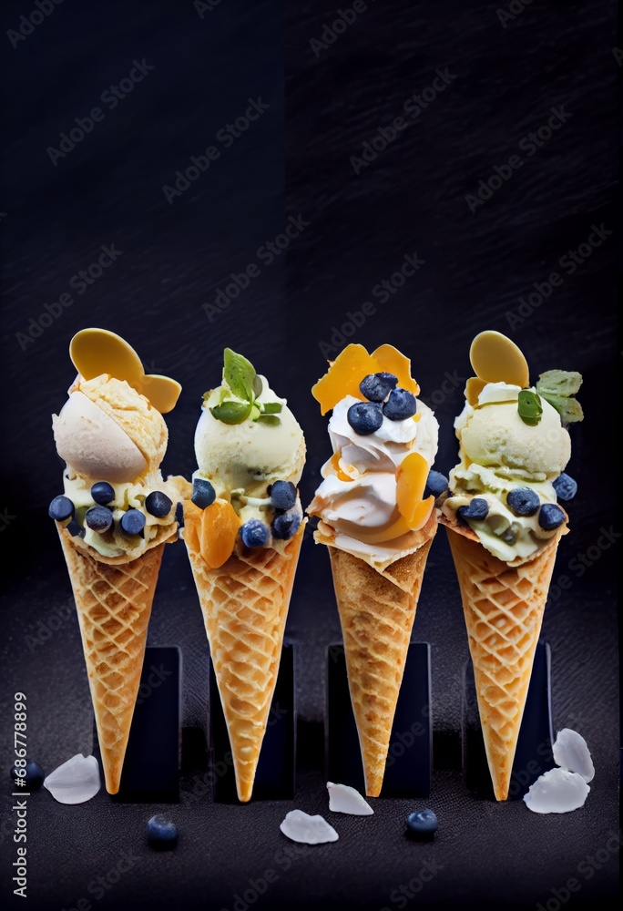 Vibrant colorful assortment of delectable ice creams in crispy waffle cones, with unique flavors and colors. Summer vibes, warmth, and the joy of indulging in delightful frozen treats.