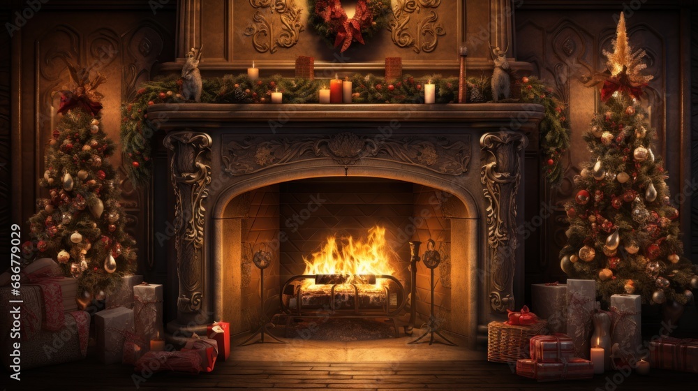  a fireplace in a living room with a christmas tree on the mantle and a christmas tree on the fireplace mantel.