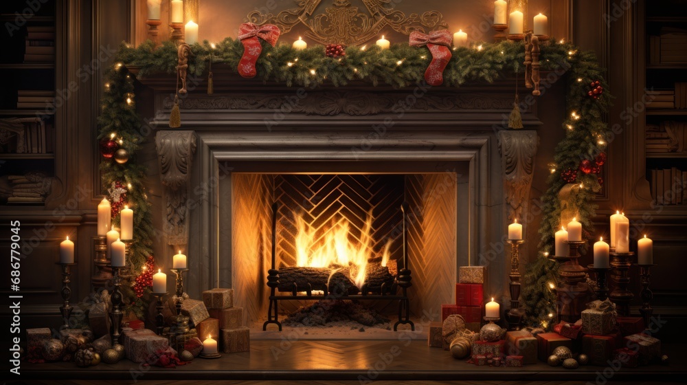  a fireplace in a living room with a christmas tree on the mantle and a christmas tree in the fireplace mantel.
