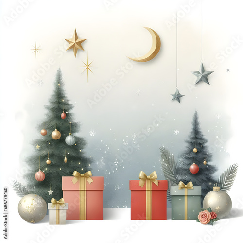  Christmas background with christnas tree and gift boxes