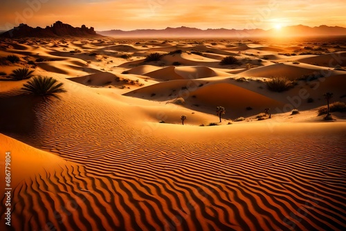 Vast dunes bathed in the ethereal glow of a desert sunset  a timeless panorama under the spell of shifting sands