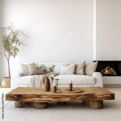Wood slab coffee table  sofa with beige pillows near fireplace against white wall with copy space. Scandinavian home interior design of modern living room.
