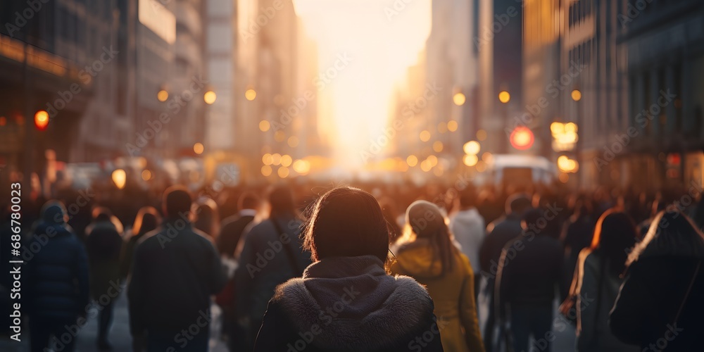 Back view of a crowd of people walking on the street in a busy European ...