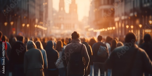 Back view of a crowd of people walking on the street in a busy European city in the evening out of focus blurred background - Generative ai © Lukasz Czajkowski