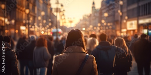 Back view of woman walking among a crowd of people on the street in a busy European city in the evening out of focus blurred background - Generative ai