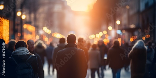 Back view of a crowd of people walking on the street in a busy European city in the evening out of focus blurred background - Generative ai © Lukasz Czajkowski
