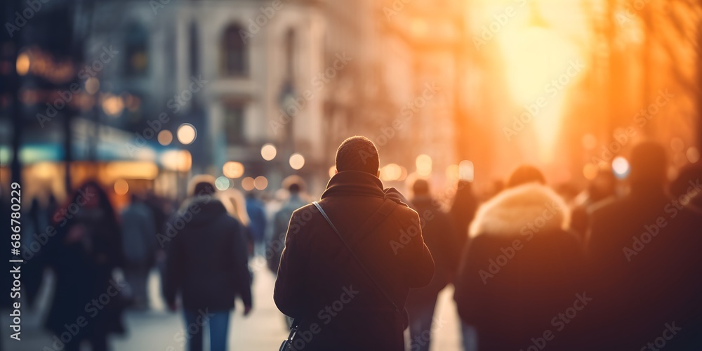 Back view of a crowd of people walking on the street in a busy European city in the evening out of focus blurred background - Generative ai