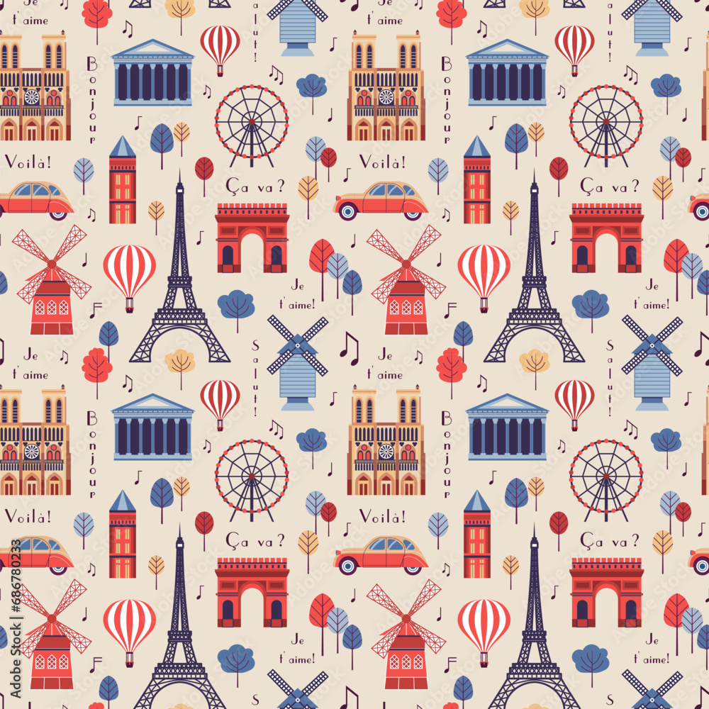 Paris Famous Landmarks Vintage Pattern - obrazy, fototapety, plakaty 