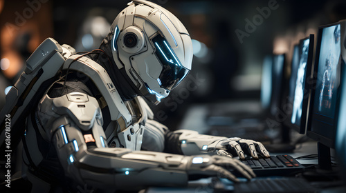 A White AI Robot Engaged in Computer Lab Work, Embodying High-Tech Artificial Intelligence