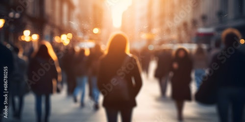 Back view of a crowd of people walking on the street in a busy European city in the evening out of focus blurred background - Generative ai