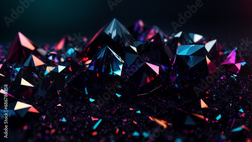 A 3D-rendered abstract background showcasing a black crystal with a faceted texture. This macro panorama offers a wide and panoramic view  creating a captivating polygonal wallpaper.