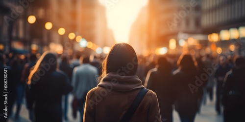 Back view of a crowd of people walking on the street in a busy European city in the evening out of focus blurred background - Generative ai