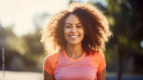 Outdoor Fitness: Portrait of A dark-skinned woman with a bright smile after her outdoor workout. Health, fitness.