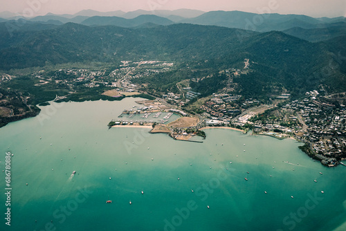 Aerial view of the Queensland Whitsundays City and Pionner Bay, near of the Great Barrier Reef, the world's largest coral reef system located in the Coral Sea, coast of Queensland, Australia. Dec 2019