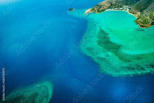 Aerial view of the Whitsunday Islands, in the Great Barrier Reef, the world's largest coral reef system located in the Coral Sea, coast of Queensland, Australia. Dec 2019