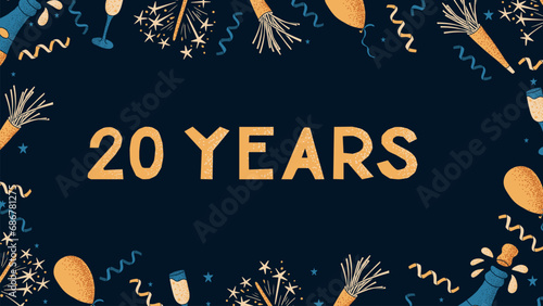 Celebrating banner with text 20 year. Dark theme. Flat composition for anniversary, birthday or wedding. Template of print design with celebrating elements with dotted texture on dark background.