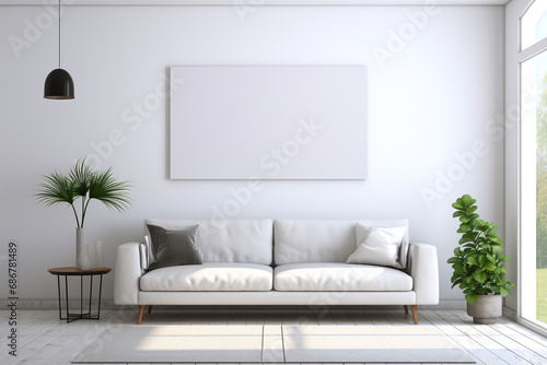.Mockup of picture canvas in home interior design of modern living room whith white sofa photo