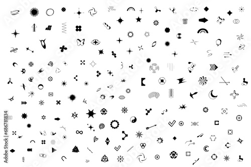 Y2k elements. Geometric brutalism forms sticker. Retro futuristic elements for design. Starburst sunburst icons. Templates for notes, posters, banners, stickers, business cards, logo