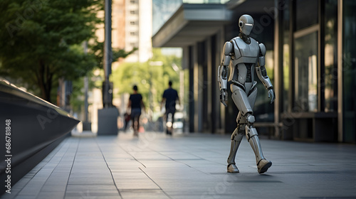 Autonomous humanoid robot walking on a city street. Future of AI concept.