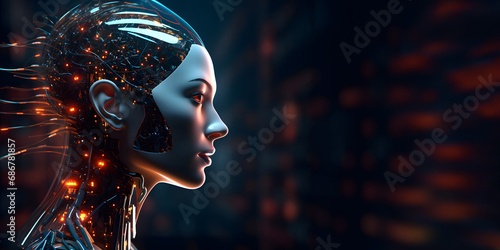Side view of futuristic female robot head with wires attached to her brain glowing with warm light. Future of artificial intelligence concept. Blurred data center as dark background. Copy space.