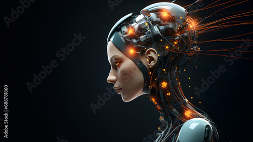 Side view of futuristic female humanoid robot head with wires attached to her brain and glowing lights. Future of artificial intelligence concept. Dark background with copy space.	