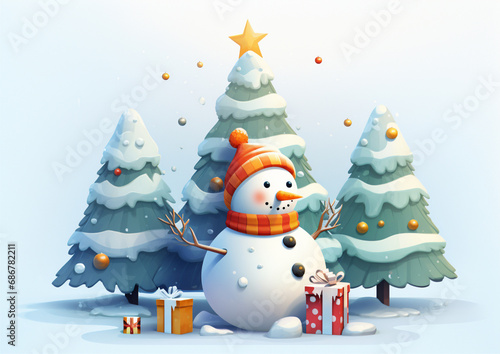 cartoon snowman and christmas tree