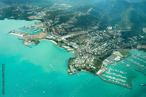Aerial view of the Queensland Whitsundays City and Pionner Bay, near of the Great Barrier Reef, the world's largest coral reef system located in the Coral Sea, coast of Queensland, Australia. Dec 2019