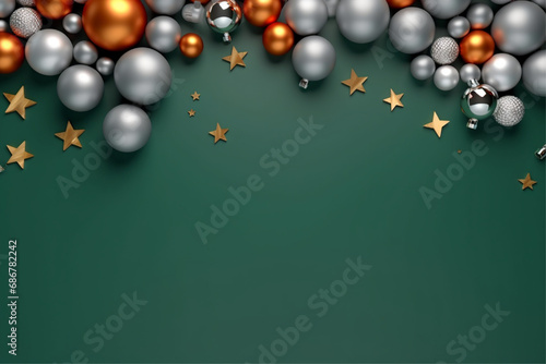 green christmas background with silver balls and stars