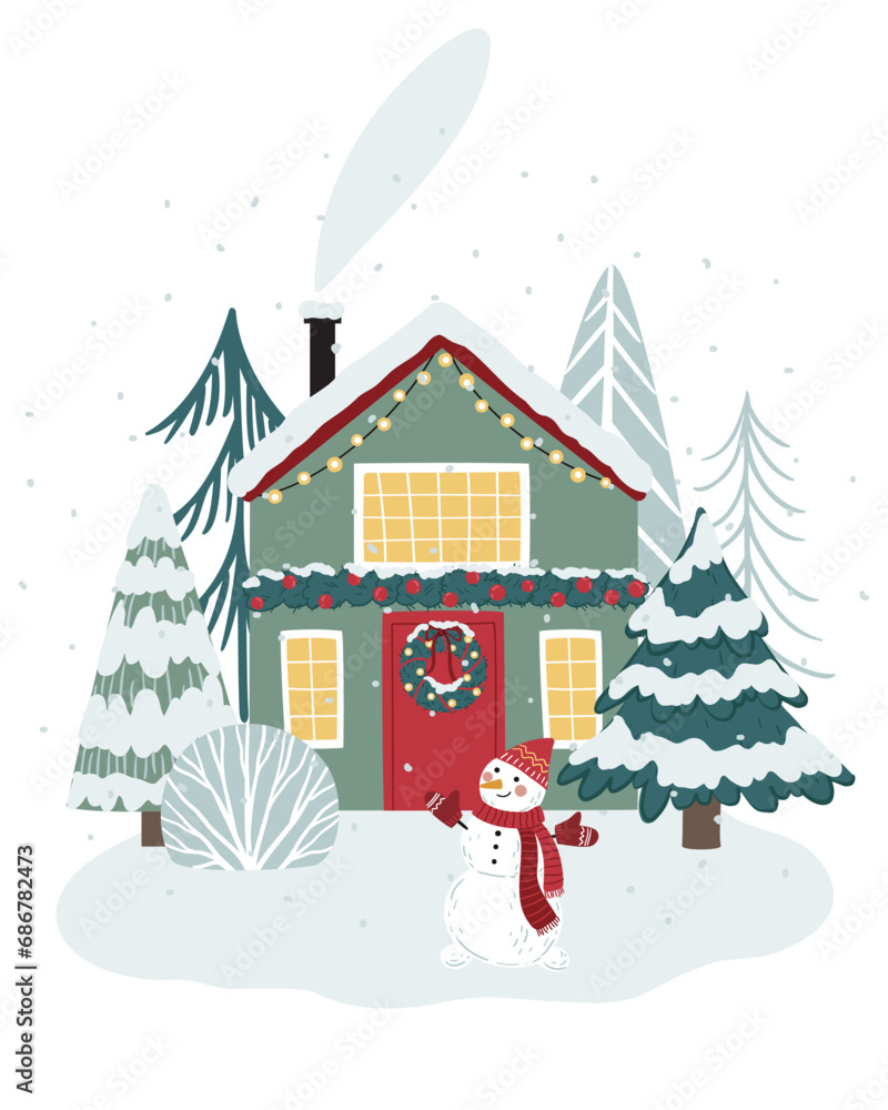 Vector Christmas illustration with cute little house in flat style. Can be used for cards, posters, printing on fabric, paper, etc.
