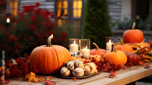 The kitchen is decorated for Halloween  pumpkins and autumn decor A harvest table setting with p umpkins and gourds Autumn decoration with leaves and pumpkin