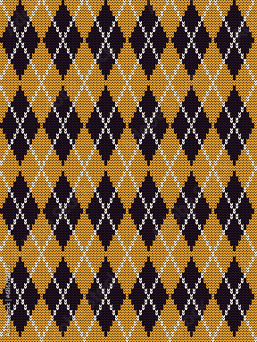 Argyle print in yellow, black and white colors. Seamless knitted pattern with rhombuses. Checkered background. Vector illustration
