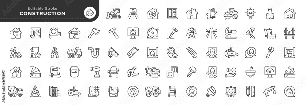 Set of line icons in linear style. Set - Construction, industry, home repair, construction equipment and tools. Outline icon collection. Conceptual pictogram and infographic. - obrazy, fototapety, plakaty 