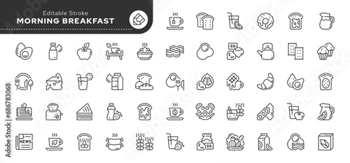 Set of line icons in linear style. Series - Breakfast, morning food, drinks and dishes.Outline icon collection. Conceptual pictogram and infographic.