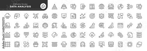 Set of line icons in linear style. Series - data analysis, database, optimization, processing and retrieval of digital data, server and storage.Outline icon collection. Pictogram and infographic.