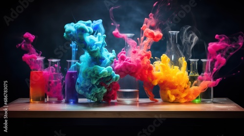 chemistry experiment with colorful liquid and smoke, colorful test tube for science, Glass bottle with a colorful potion smoke